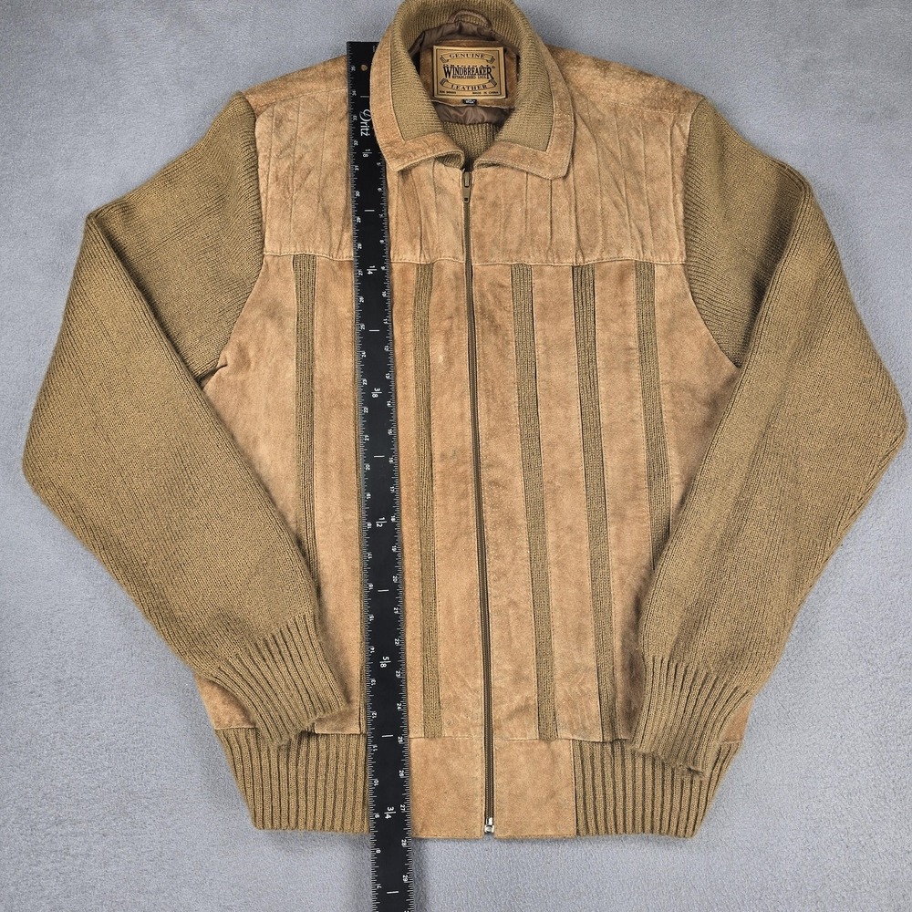 Original Windbreaker Jacket Mens Medium Beige Leather Knit Bomber Zip Striped - Picture 5 of 8